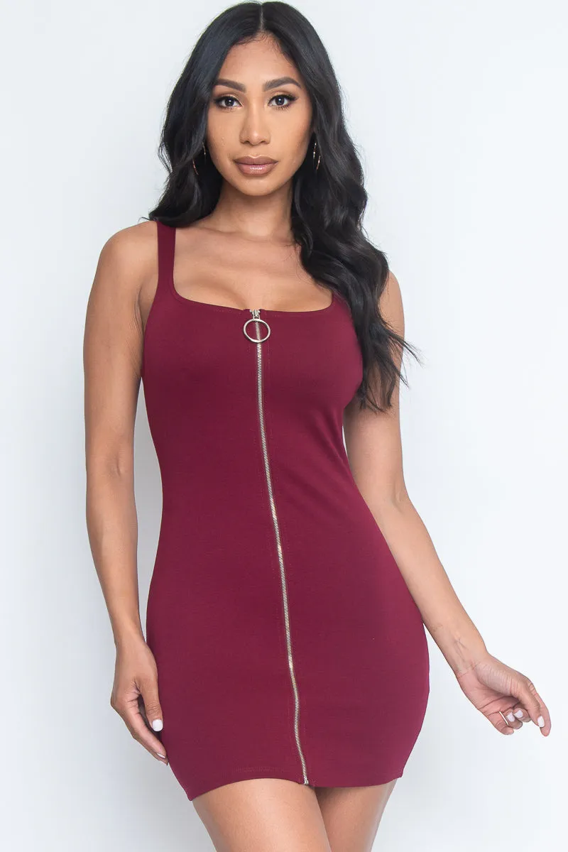 Silver Ring Zip Front Sleeveless Bodycon Mini Dress in Navy (WD6491)