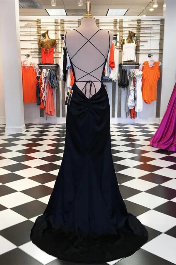 Simple Black Satin Sheath Spaghetti Straps Long Prom Dresses, Evening Gown, SP718