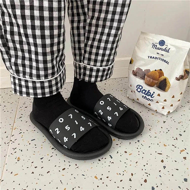 Simple Summer Black White Printed Flat Slipper Sandals