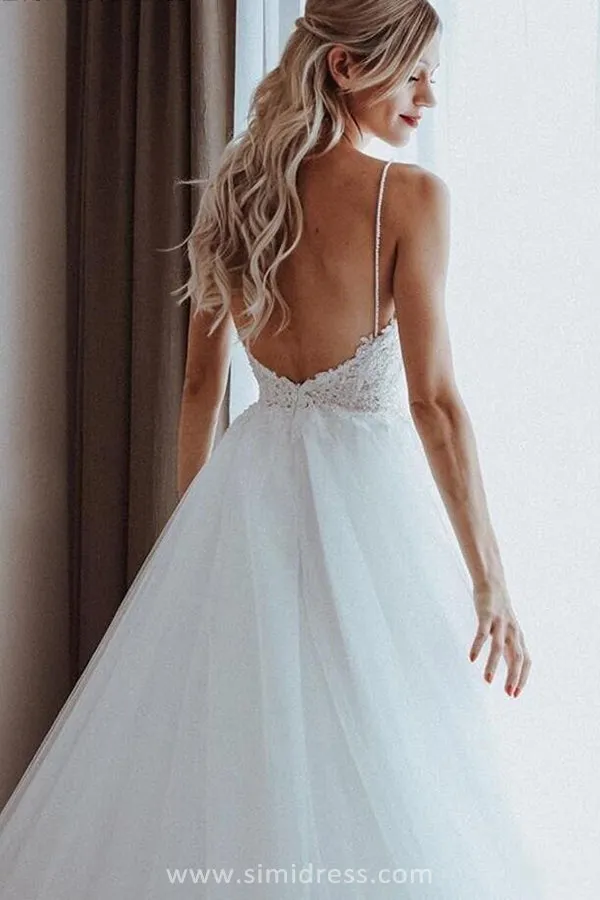 Simple White Ball Gown Spaghetti Straps Sweetheart Wedding Dresses with Lace, SW316