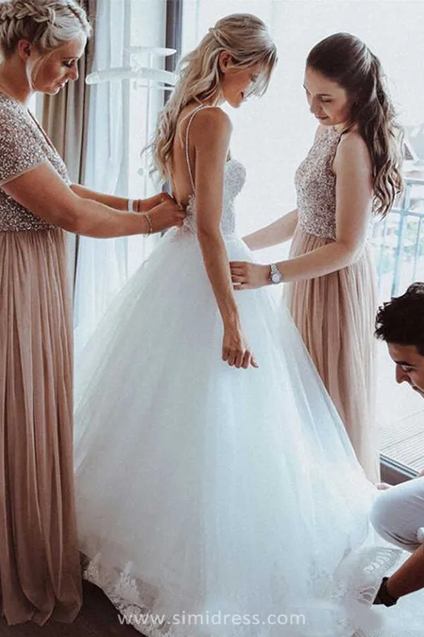 Simple White Ball Gown Spaghetti Straps Sweetheart Wedding Dresses with Lace, SW316