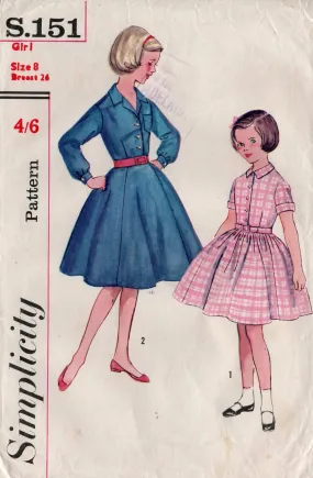 Simplicity s.151 Girls Full Skirt Rockabilly Shirtwaist Dress 1960s Vintage Sewing Pattern Size 8 Breast 26 inches UNUSED Factory Folded
