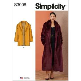 Simplicity Sewing Pattern S3008 Misses' Coat In Two Lengths