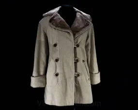 Size 10 Faux Shearling Coat - Beige Tan Wool 70s Street Style Medium Car Coat - Double Breasted Leather Buttons - Furry Collar - Bust 38