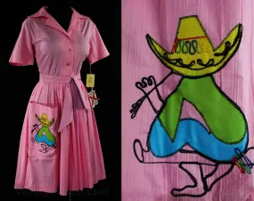 Size 4 Pink Dress - Rockabilly 1950s 60s Shirtwaist - Fitted Bodice & Full Skirt - 50s 60s Summer Housewife Sombrero Siesta Scene - Waist 25