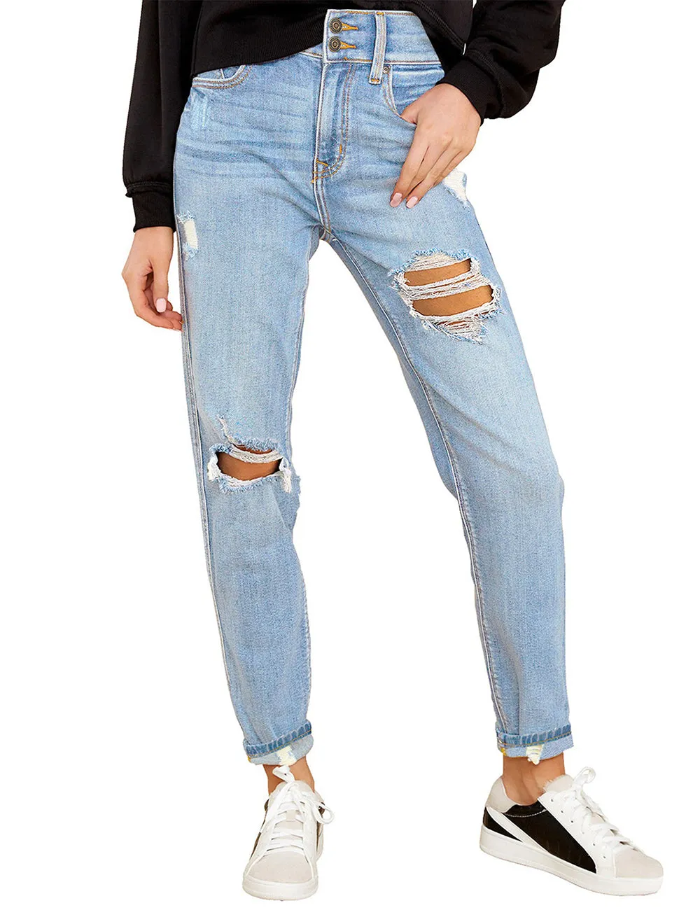 Sky Blue Double-Button Distressed Denim Jeans