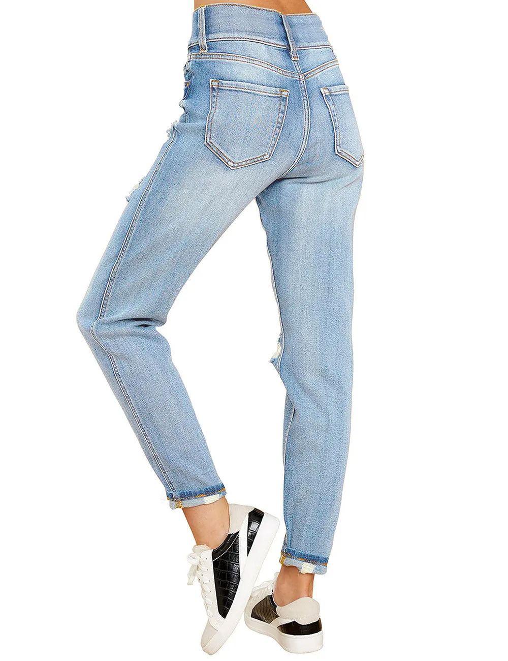 Sky Blue Double-Button Distressed Denim Jeans