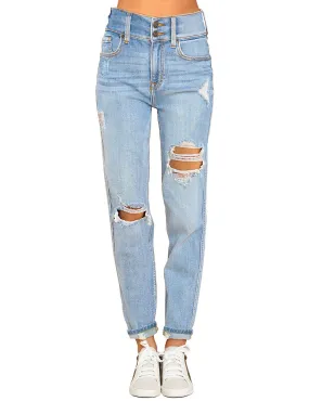 Sky Blue Double-Button Distressed Denim Jeans