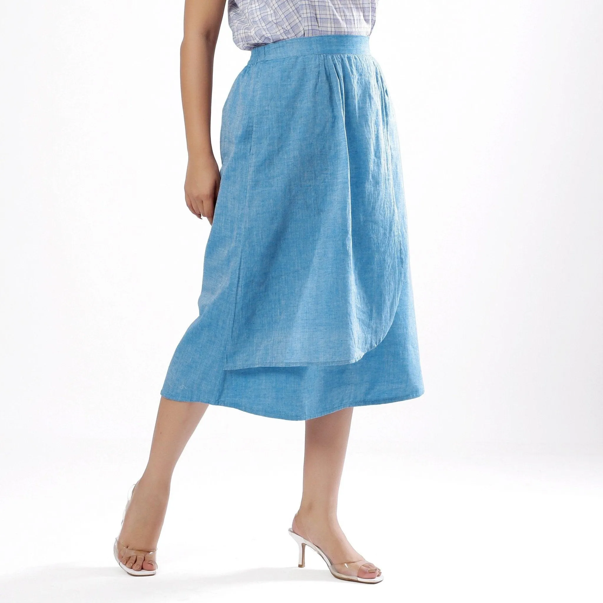 Sky Blue Handspun Cotton Layered Elasticated Midi Skirt