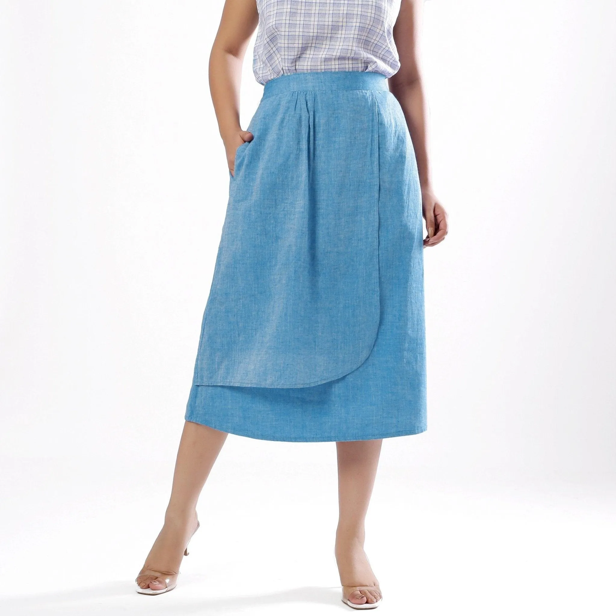 Sky Blue Handspun Cotton Layered Elasticated Midi Skirt