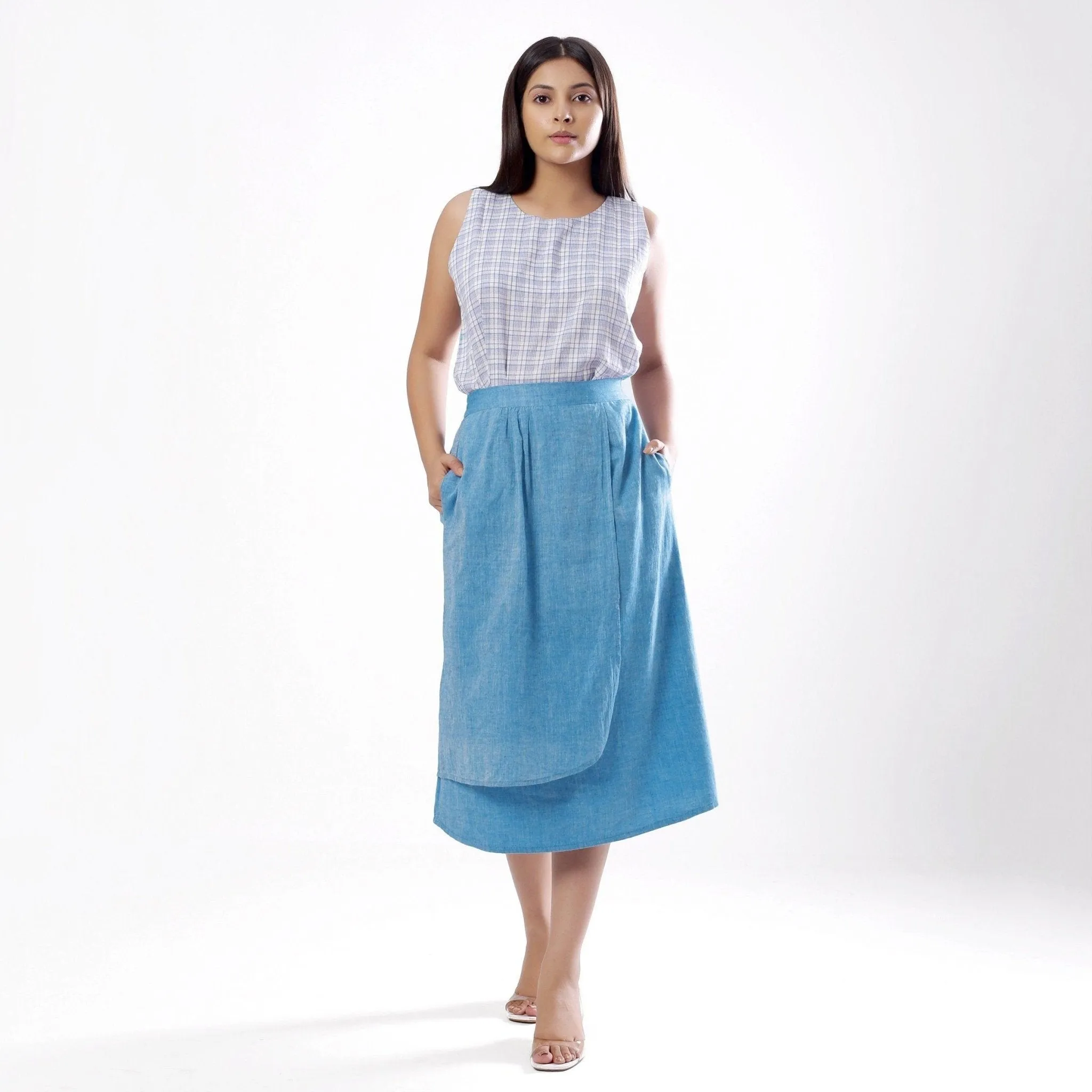 Sky Blue Handspun Cotton Layered Elasticated Midi Skirt