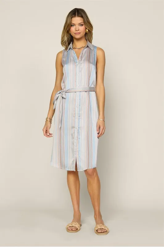 Sleeveless Button Down Multi Stripe Shirt Dress