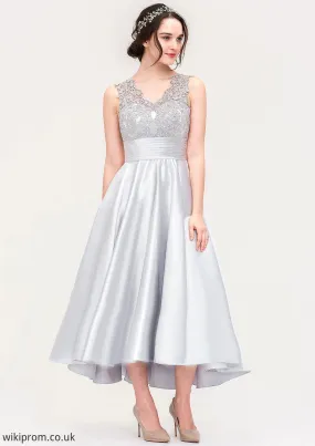 Sleeveless V Neck Asymmetrical Satin A-line/Princess Bridesmaid Dresses With Pleated Lace Larissa SWKP0025468