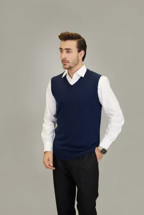 Sleeveless V-Neck Sweater - Marino Wool - Navy Blue