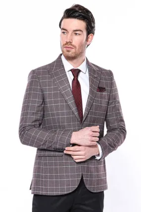 Slim-Fit Checked Burgundy Men Blazer