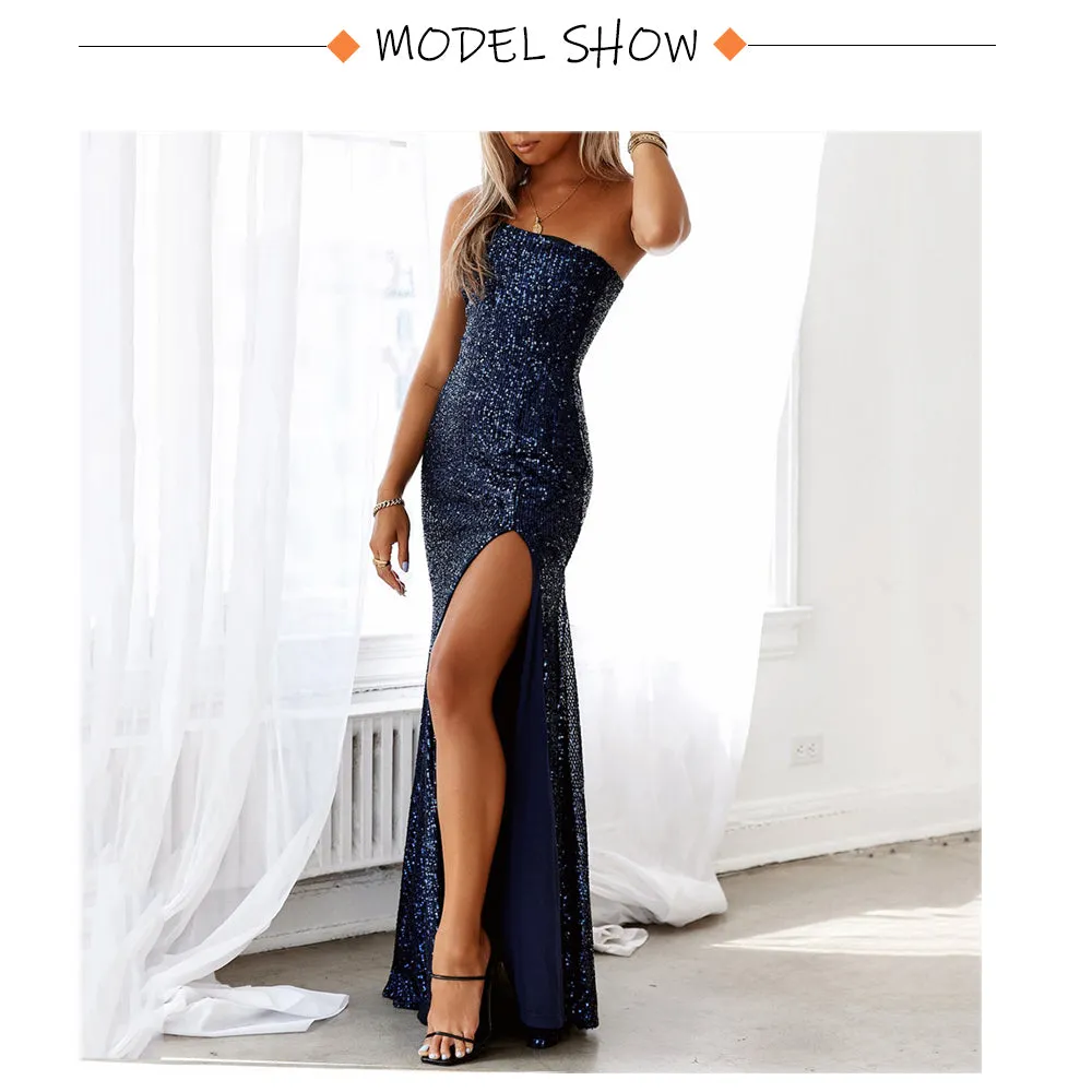 Slim Navy Blue One Shoulder Sequin Long Cocktail Luxury Stretch Slit Open Leg Wedding Party Prom Formal Evening Dress