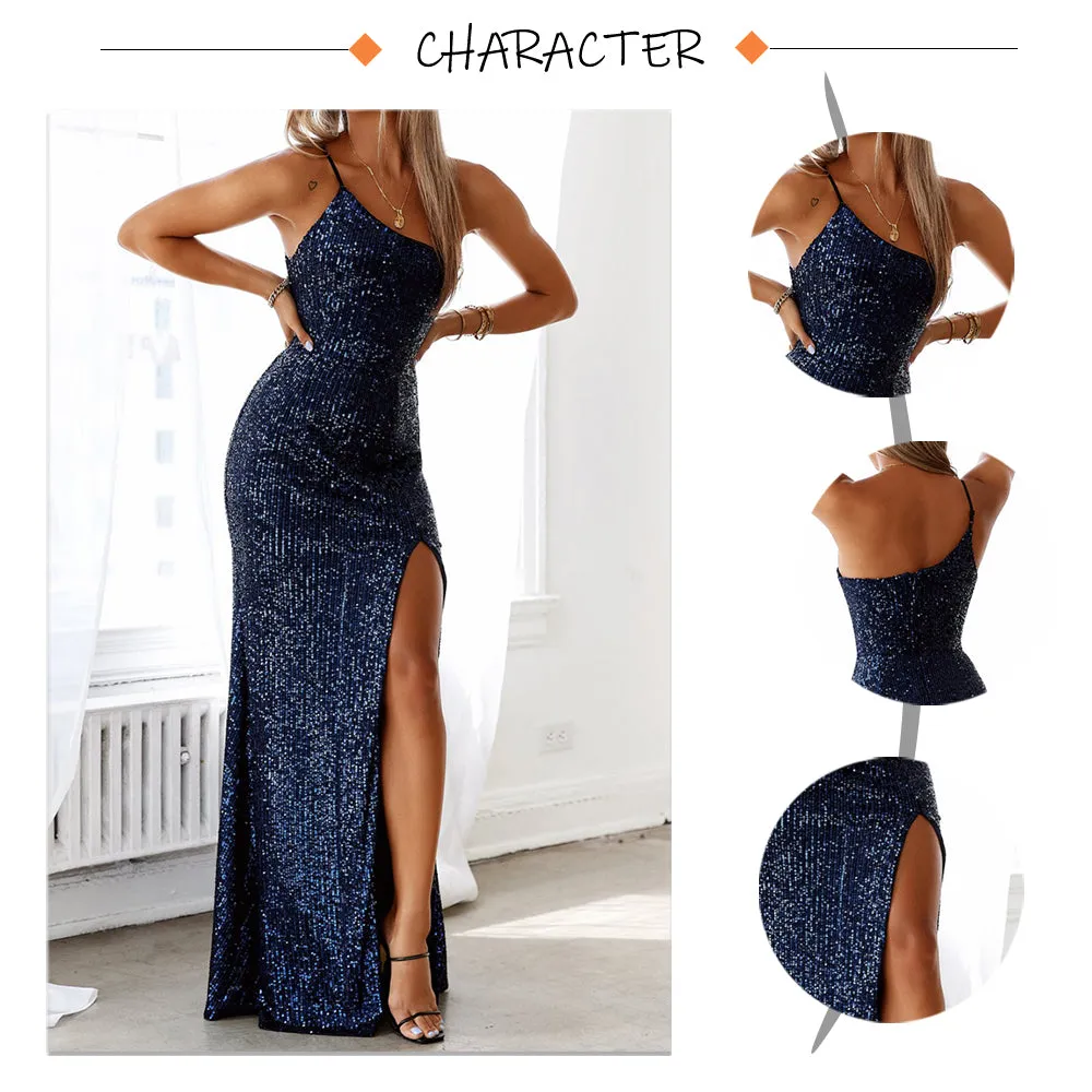 Slim Navy Blue One Shoulder Sequin Long Cocktail Luxury Stretch Slit Open Leg Wedding Party Prom Formal Evening Dress