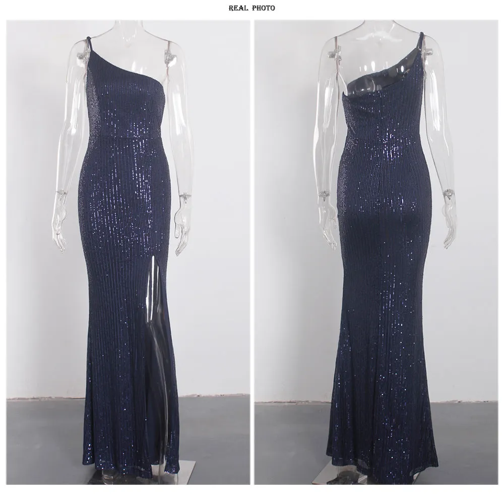 Slim Navy Blue One Shoulder Sequin Long Cocktail Luxury Stretch Slit Open Leg Wedding Party Prom Formal Evening Dress