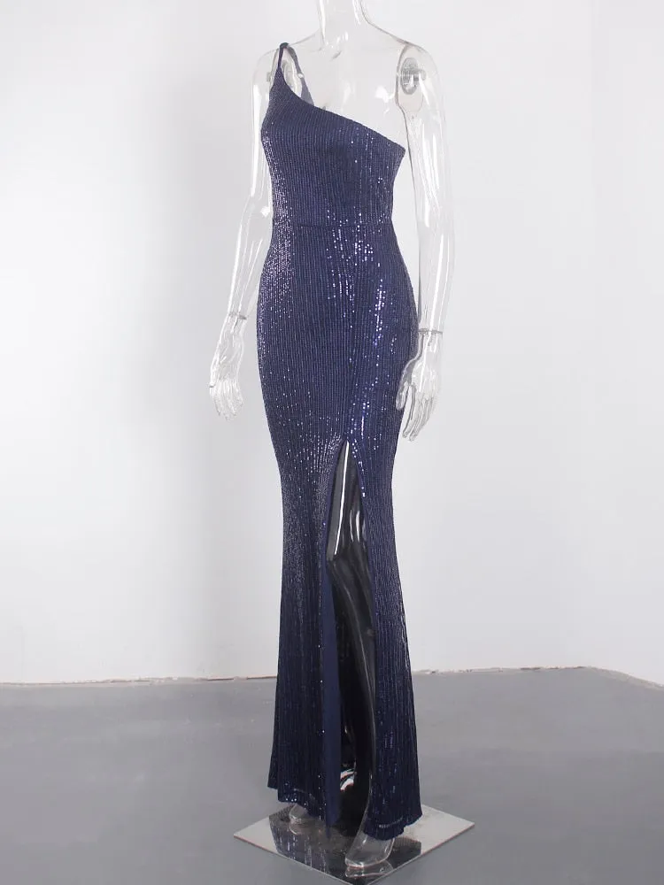 Slim Navy Blue One Shoulder Sequin Long Cocktail Luxury Stretch Slit Open Leg Wedding Party Prom Formal Evening Dress