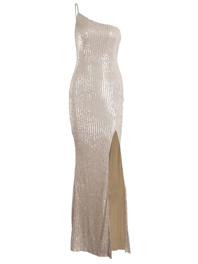 Slim Navy Blue One Shoulder Sequin Long Cocktail Luxury Stretch Slit Open Leg Wedding Party Prom Formal Evening Dress