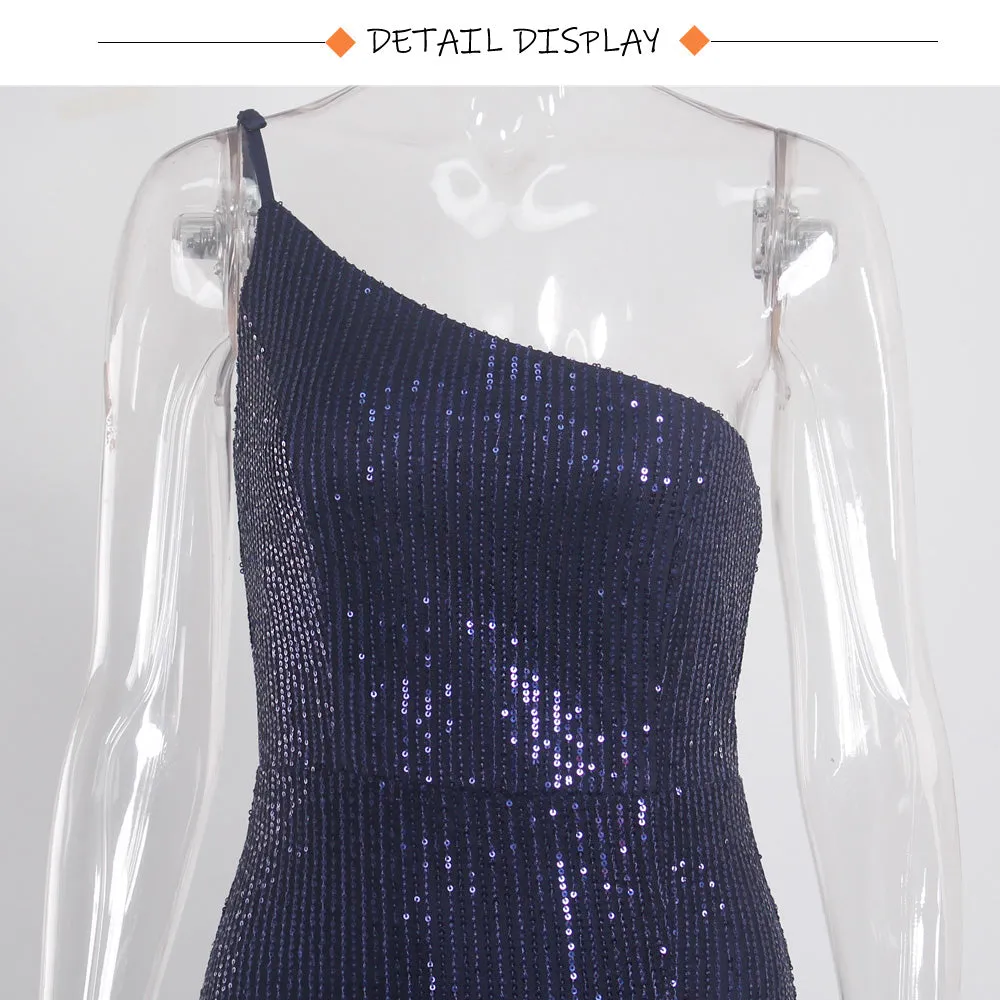 Slim Navy Blue One Shoulder Sequin Long Cocktail Luxury Stretch Slit Open Leg Wedding Party Prom Formal Evening Dress