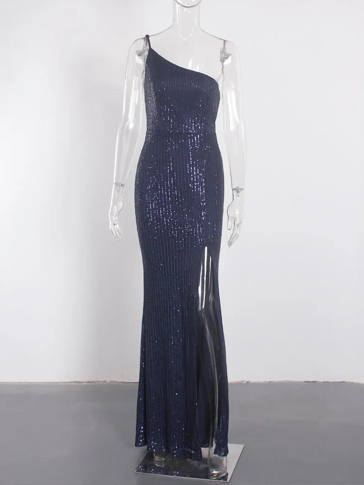Slim Navy Blue One Shoulder Sequin Long Cocktail Luxury Stretch Slit Open Leg Wedding Party Prom Formal Evening Dress