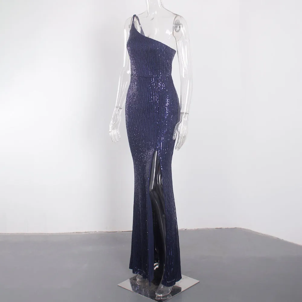 Slim Navy Blue One Shoulder Sequin Long Cocktail Luxury Stretch Slit Open Leg Wedding Party Prom Formal Evening Dress