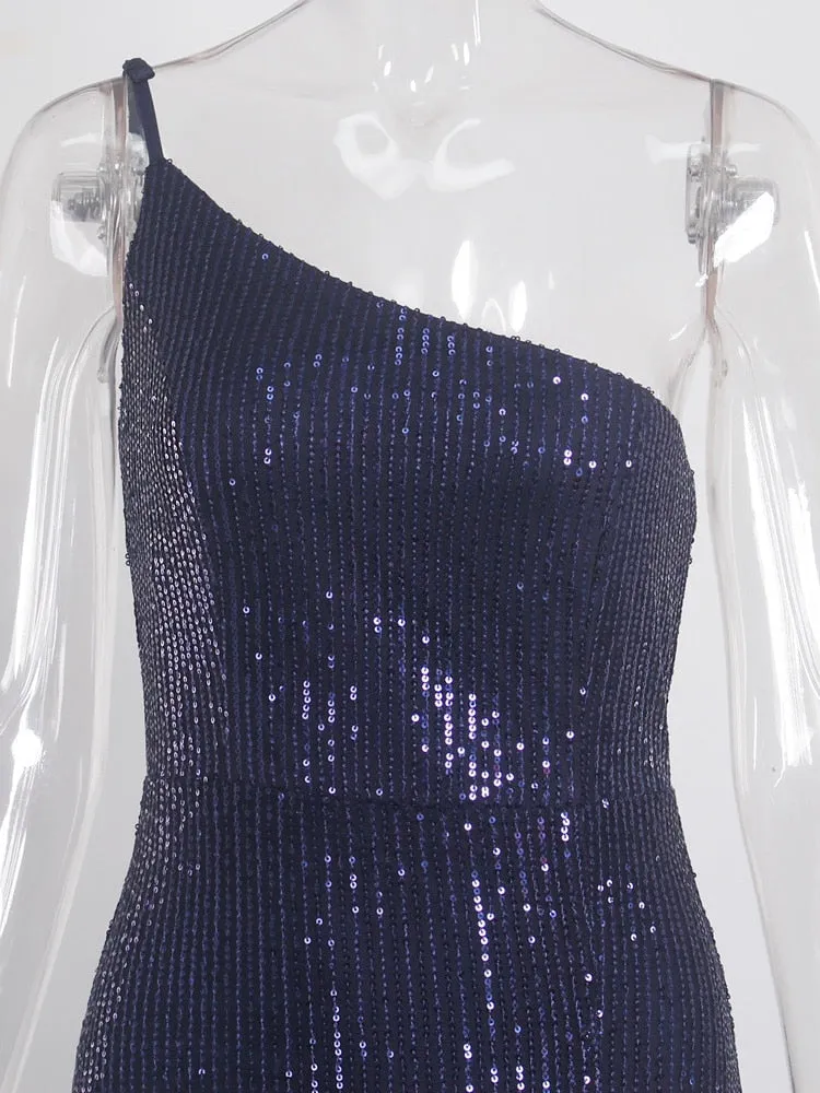 Slim Navy Blue One Shoulder Sequin Long Cocktail Luxury Stretch Slit Open Leg Wedding Party Prom Formal Evening Dress