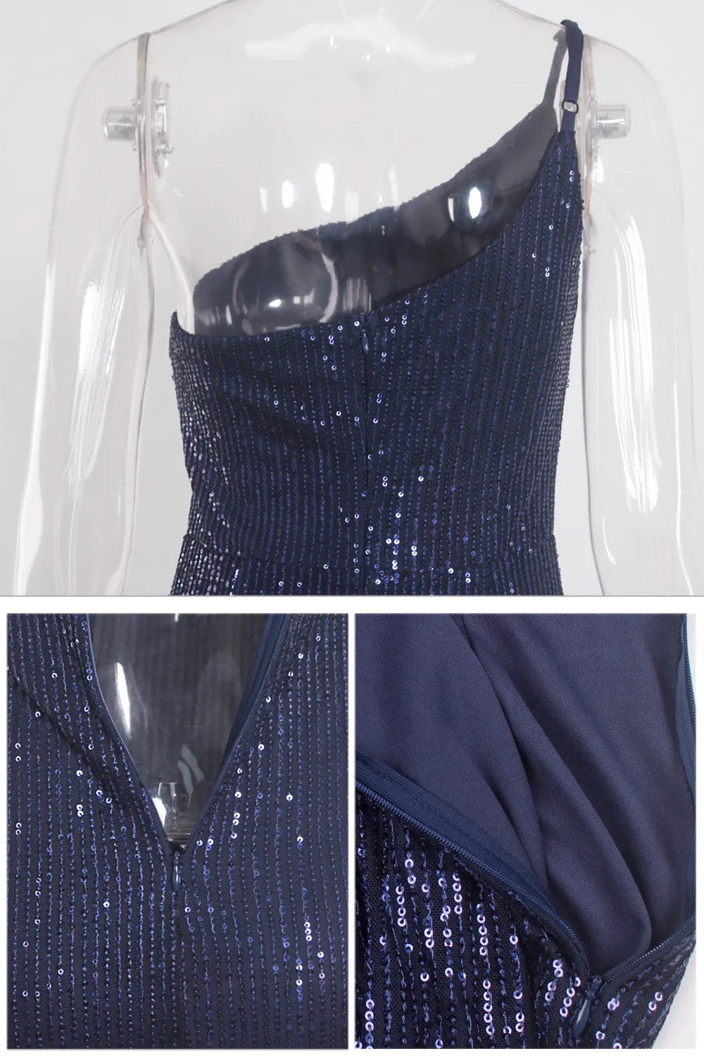 Slim Navy Blue One Shoulder Sequin Long Cocktail Luxury Stretch Slit Open Leg Wedding Party Prom Formal Evening Dress