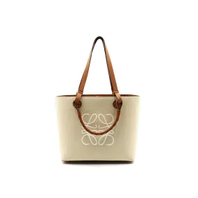 Small Anagram Tote Bag in Jacquard and Calfskin in Ecru/Tan