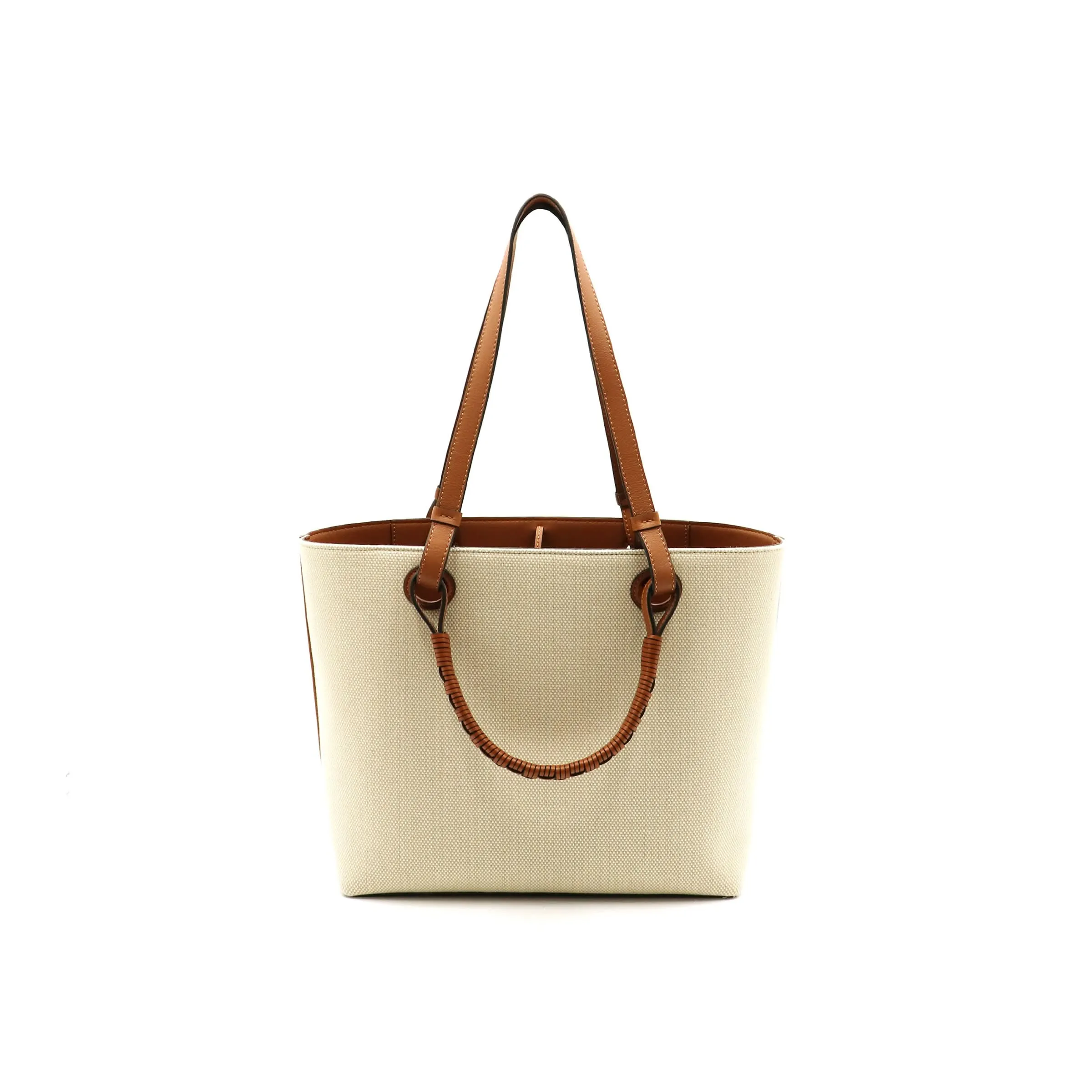 Small Anagram Tote Bag in Jacquard and Calfskin in Ecru/Tan
