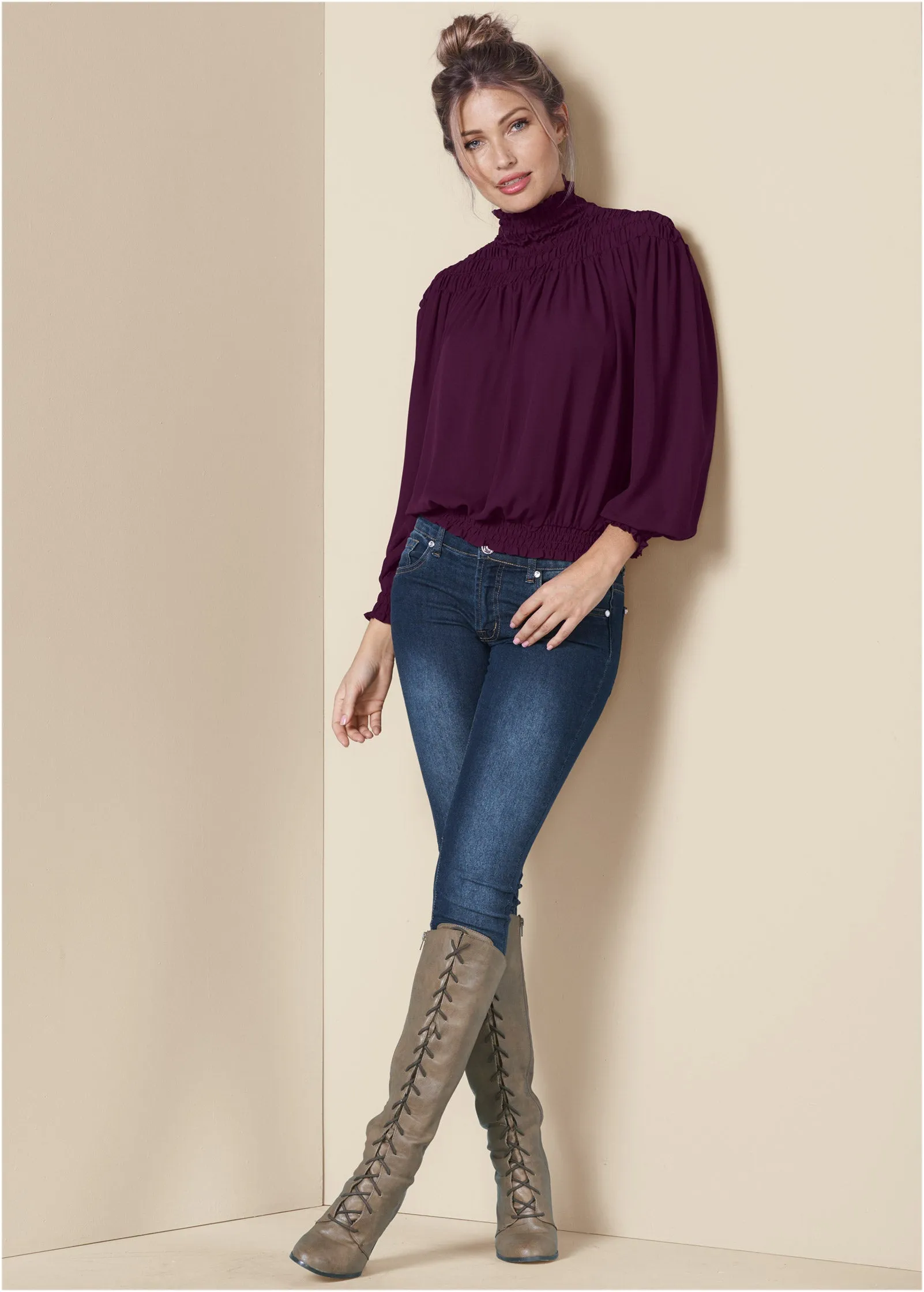 Smocked Detail Top - Dark Purple