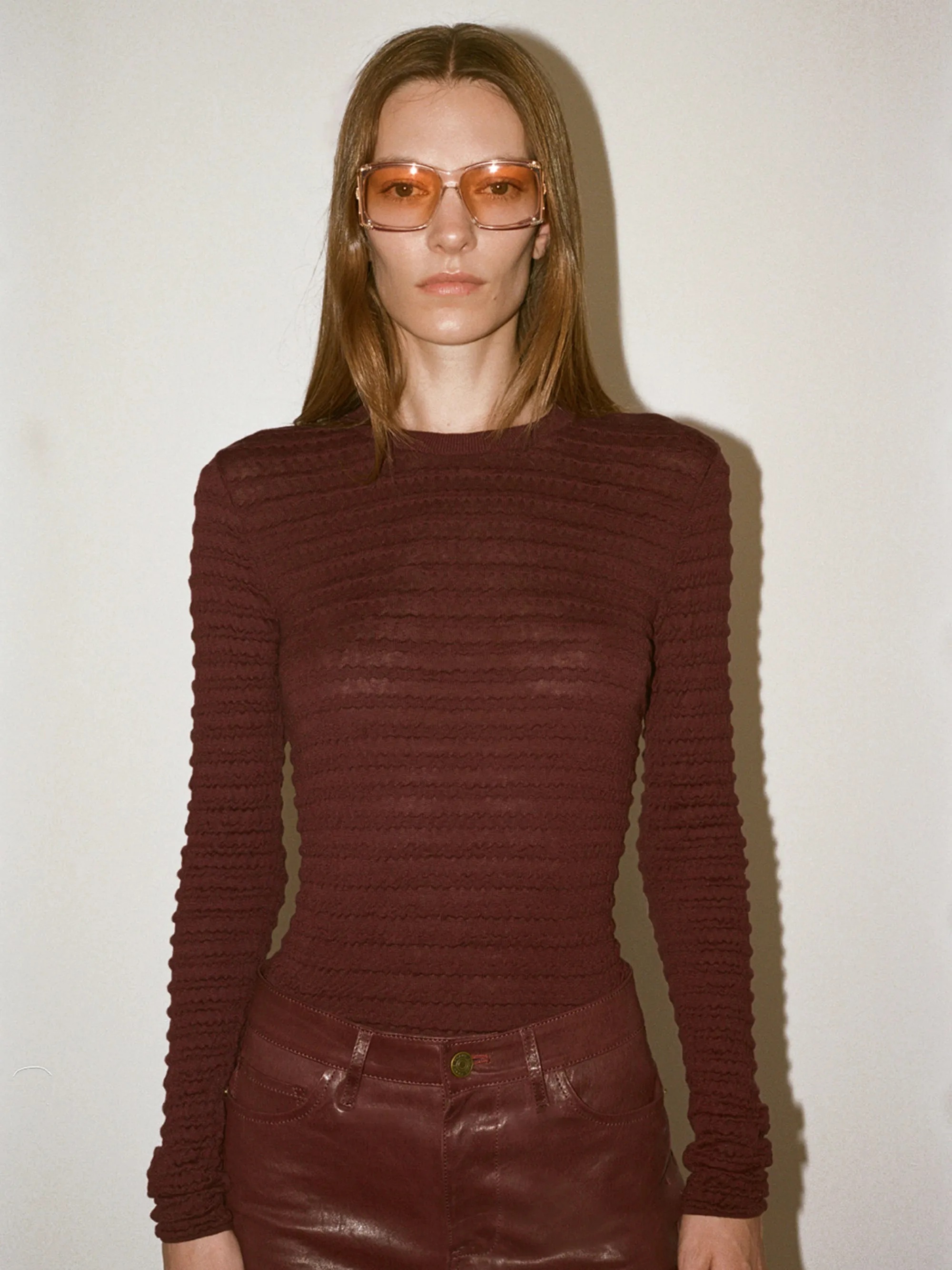 Smocked Long Sleeve Crewneck -- Wine