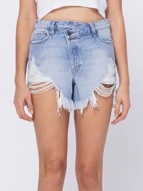 SOFIE CROSSOVER DENIM SHORTS IN BLUE