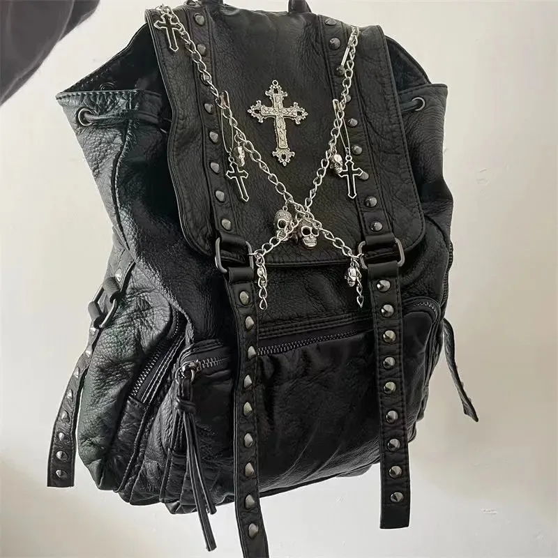 Sohiwoo Original Y2K Girls Soft Leather Punk Backpack School Skull Cross Chain Backpack Korean Style Bagpack Women Designer Bags Gothic