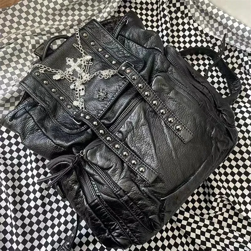 Sohiwoo Original Y2K Girls Soft Leather Punk Backpack School Skull Cross Chain Backpack Korean Style Bagpack Women Designer Bags Gothic