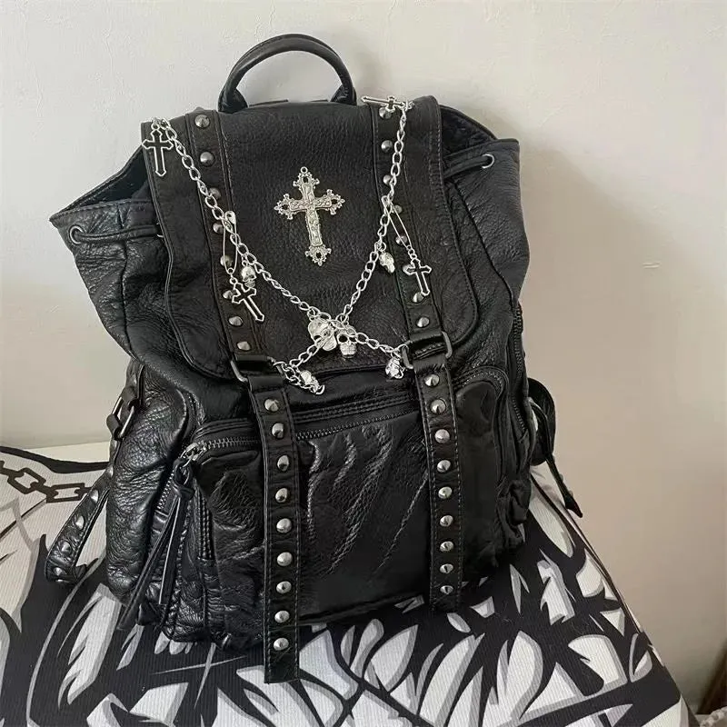 Sohiwoo Original Y2K Girls Soft Leather Punk Backpack School Skull Cross Chain Backpack Korean Style Bagpack Women Designer Bags Gothic