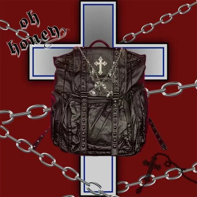 Sohiwoo Original Y2K Girls Soft Leather Punk Backpack School Skull Cross Chain Backpack Korean Style Bagpack Women Designer Bags Gothic