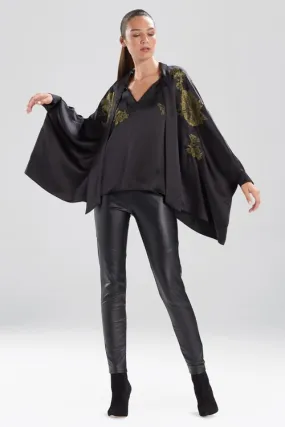 Solid Charmeuse Tie Neck Embroidered Caftan Top
