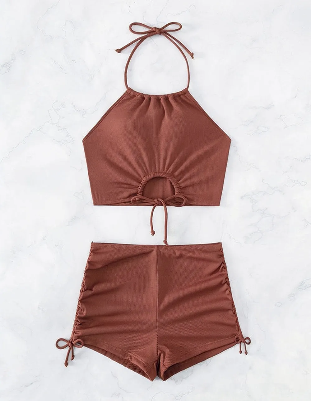 Solid-color Backless Halter Ruched Tie Side Two-piece Bikini Swimwear Sets