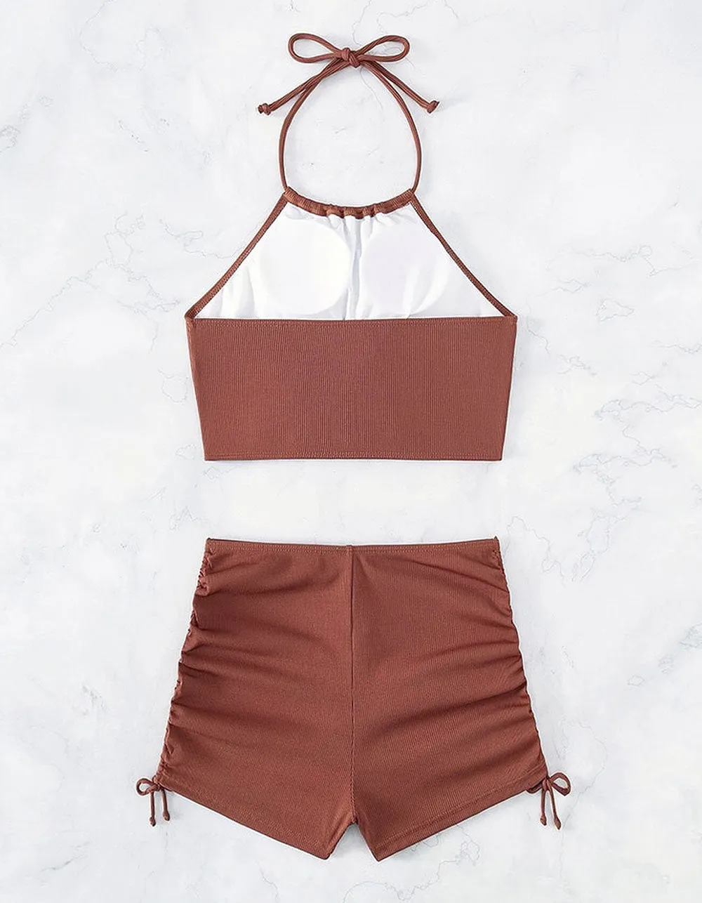 Solid-color Backless Halter Ruched Tie Side Two-piece Bikini Swimwear Sets