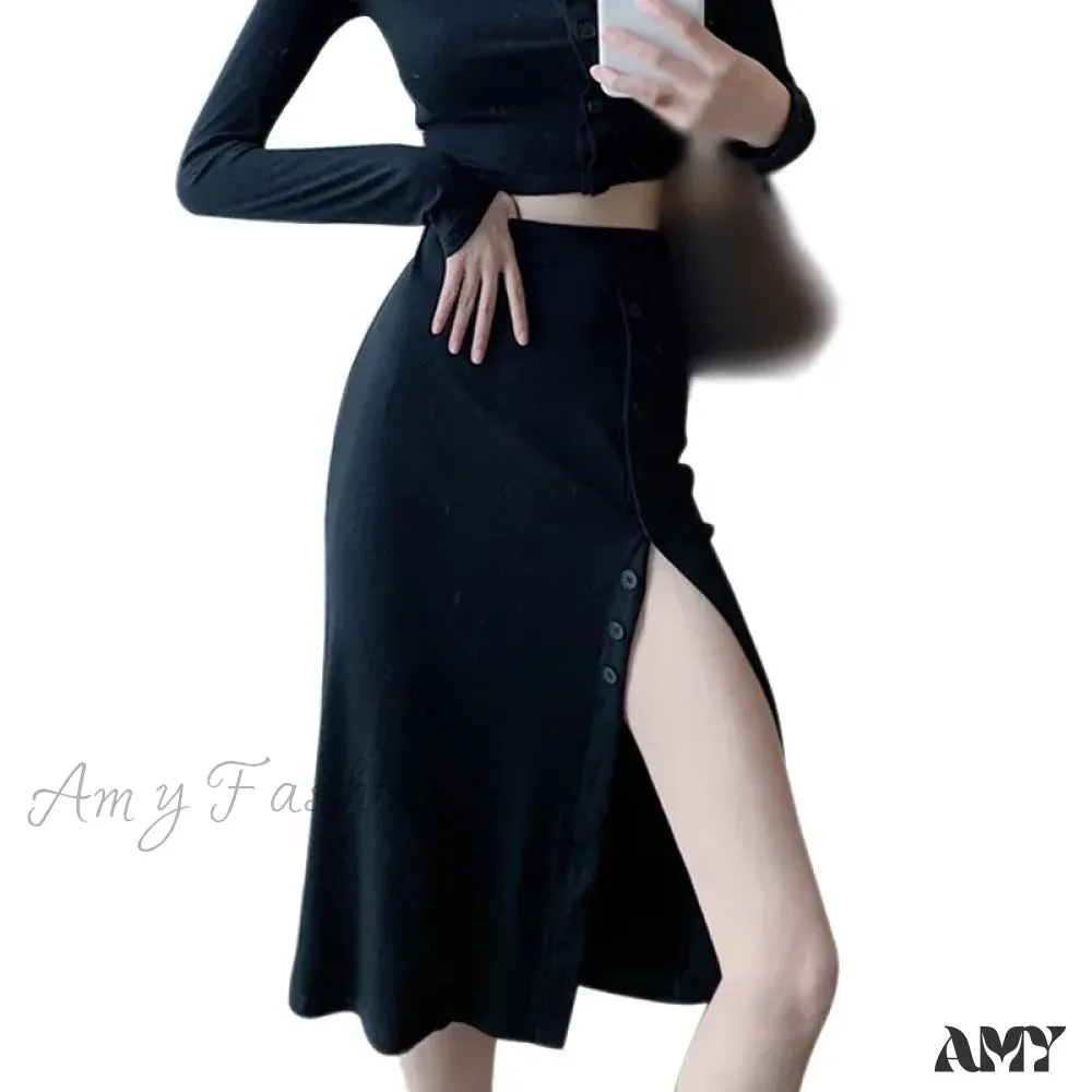 Solid Color Crop Top Sets Long Sleeve Crew Neck Tops Sexy Slit Split Slimming Bag Hip Skirt
