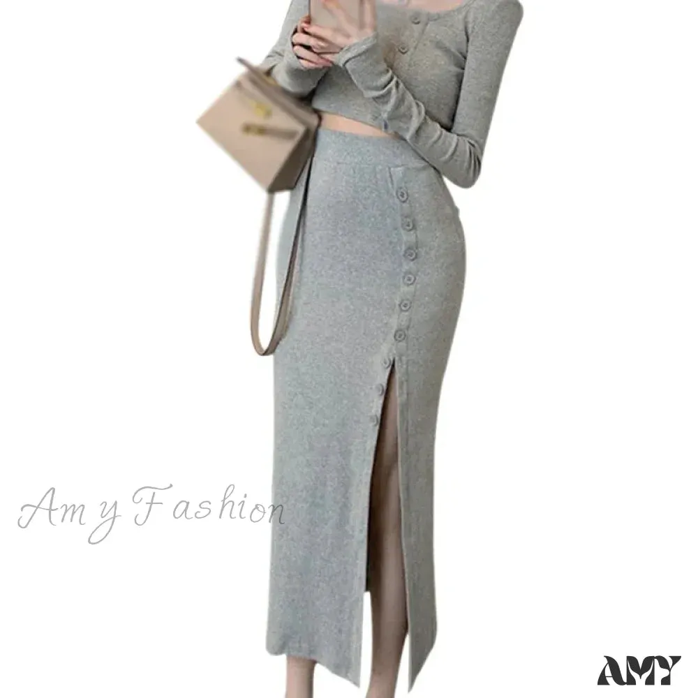 Solid Color Crop Top Sets Long Sleeve Crew Neck Tops Sexy Slit Split Slimming Bag Hip Skirt