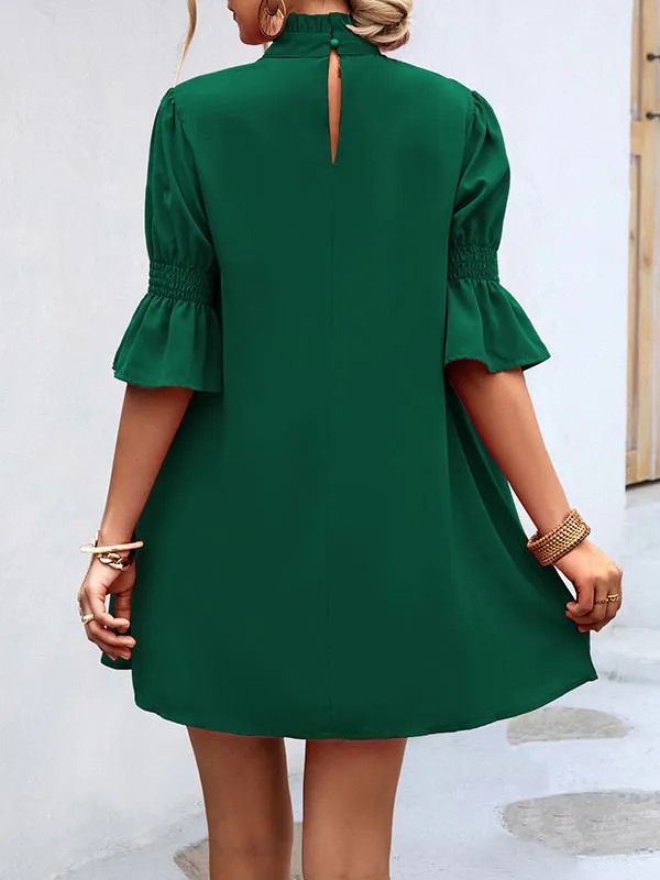 Solid Color Half Sleeves Loose High-Neck Mini Dresses