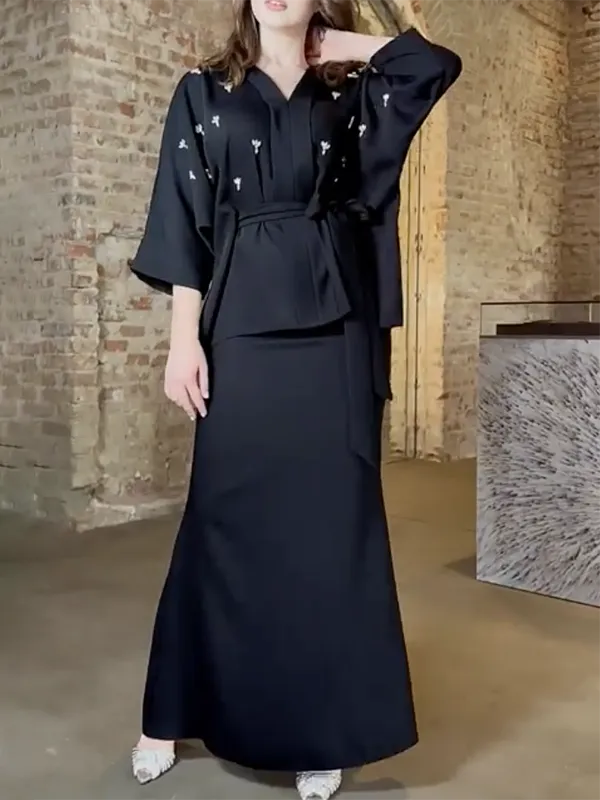 Solid Color Tied Waist V-Neck Blouses & Bodycon Skirts Suits