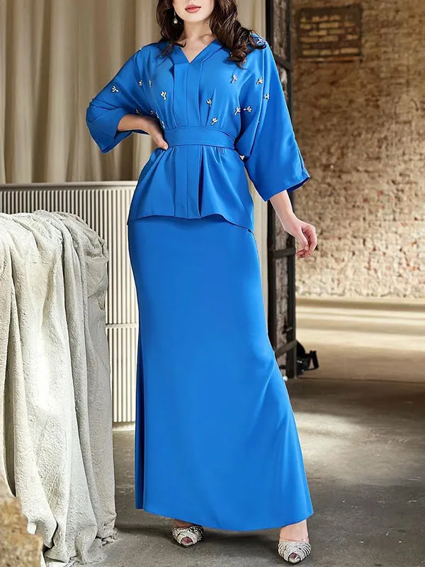 Solid Color Tied Waist V-Neck Blouses & Bodycon Skirts Suits
