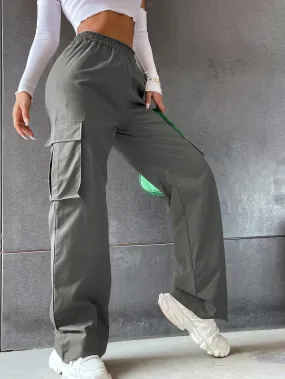Solid Colored Flap Pocket Long Cargo Pants