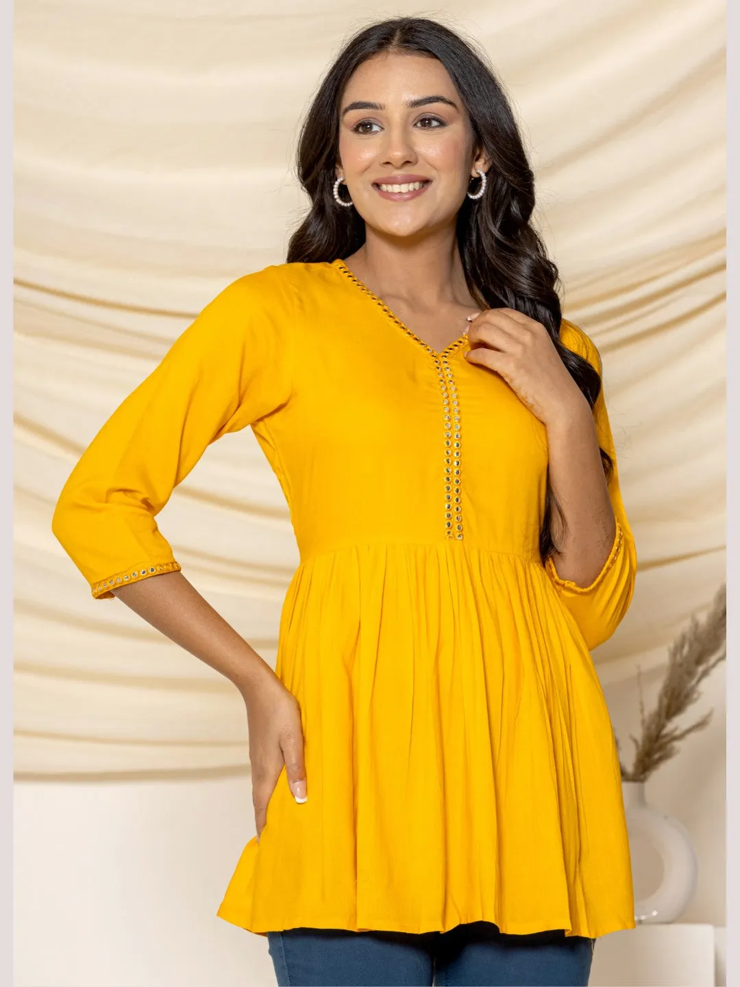 Solid Embroidered Peplum Top - Mustard