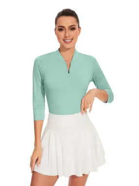 Solid Green Quarter-Zip 3/4 Sleeve Golf Shirt for Women