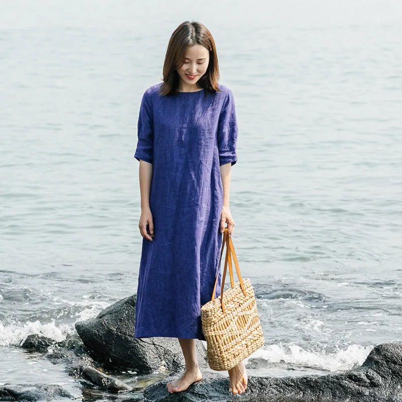 Solid Linen Women Dresses  Sleeves O Neck Spring Summer Shift Dresses XH9615